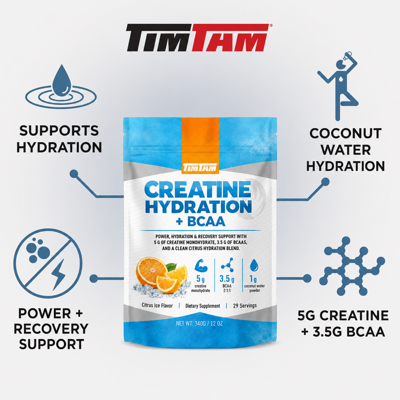 Tim Tam Creatine Hydration + BCAA supplement packaging 