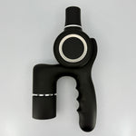 Black hand gripper with silver accents on a light gray background