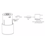Diagram showing a cylindrical device with Type C and USB connections on a white background.