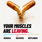 Two capsules breaking apart with text about muscle building and supplement benefits
