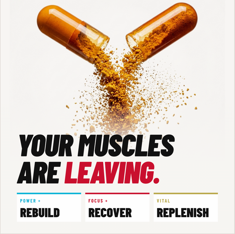 Two capsules breaking apart with text about muscle building and supplement benefits