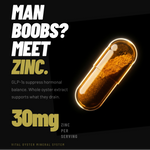 Capsule with a dark filling, promoting zinc supplement for men's health.