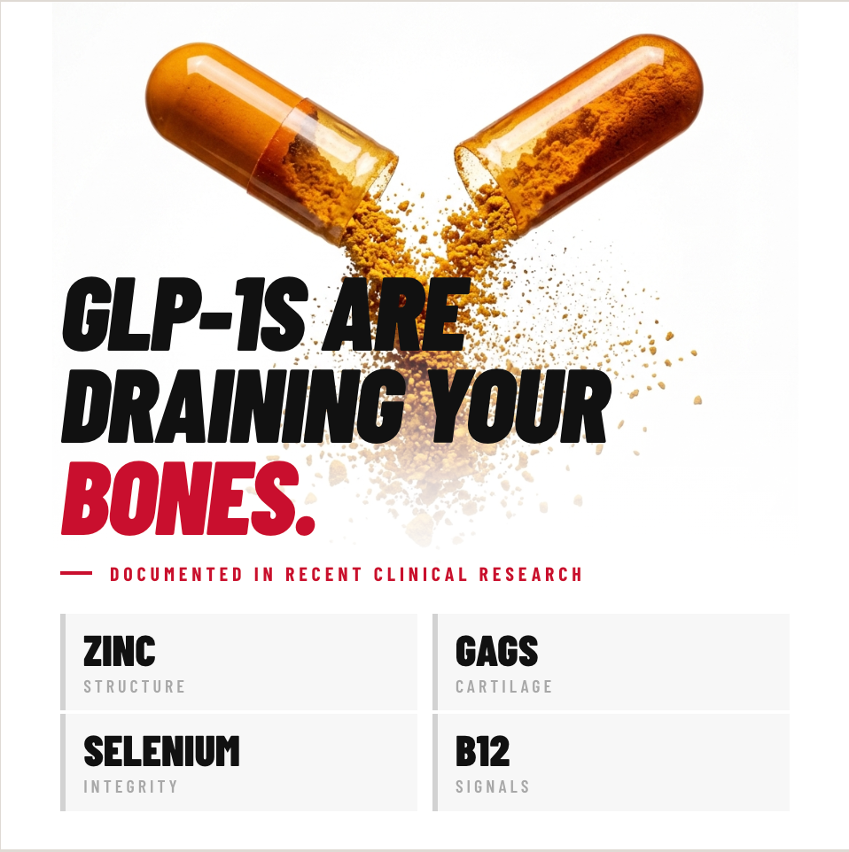 Two capsules breaking apart with text about GLP-1s and bone health