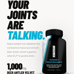 Supplement bottle with text about joint health and deer antler velvet