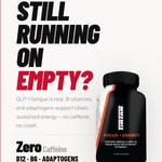 Supplement bottle with text about energy support and no caffeine.