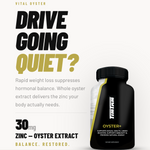Supplement bottle with text about zinc and oyster extract 