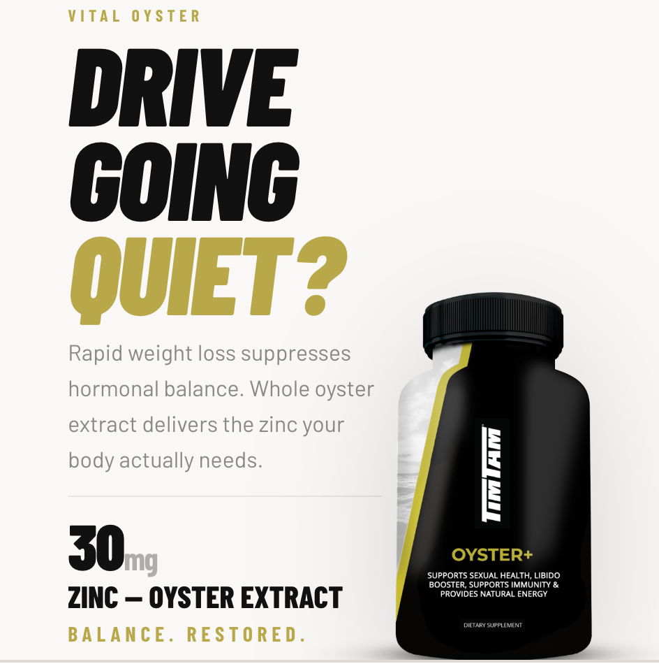 Supplement bottle with text about zinc and oyster extract 