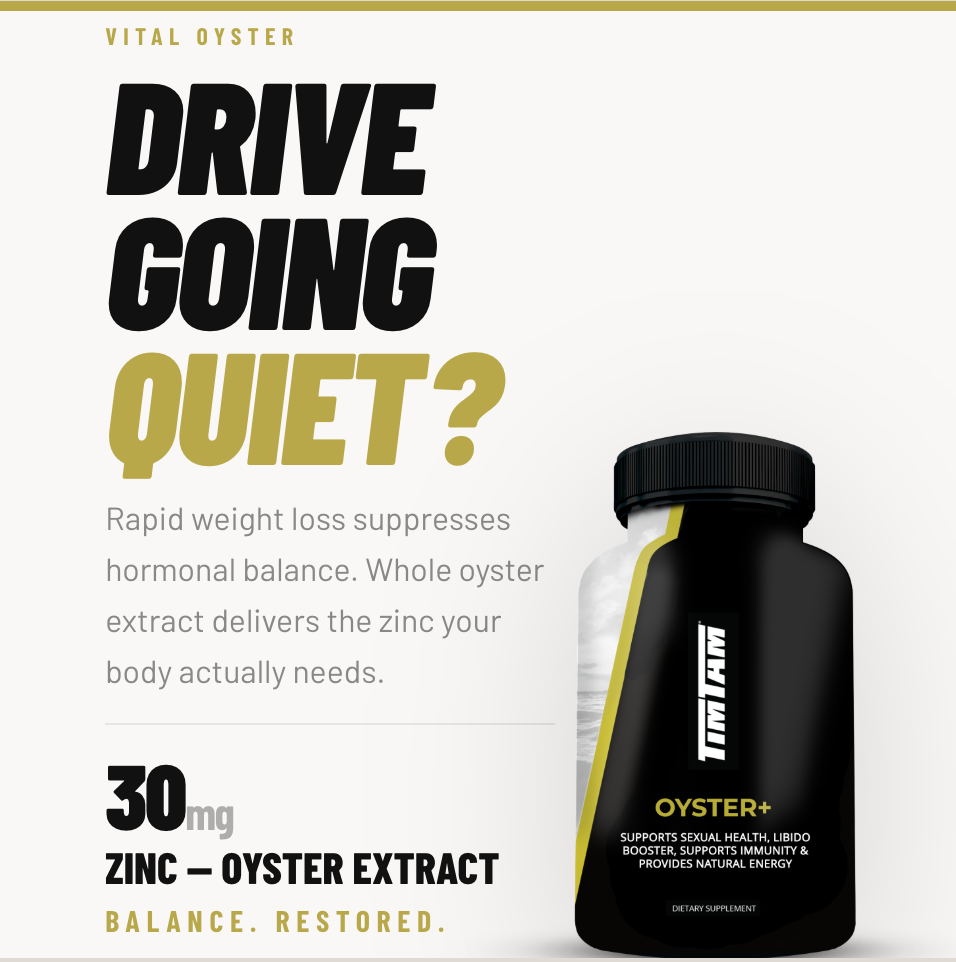 Supplement bottle with text about zinc and oyster extract 