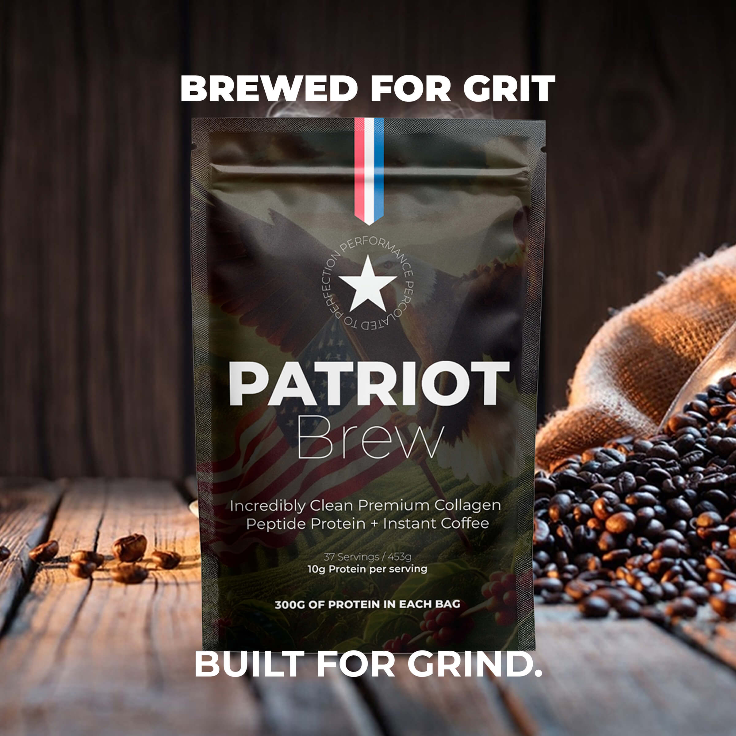 Patriot Brew protein package with coffee beans on a wooden surface