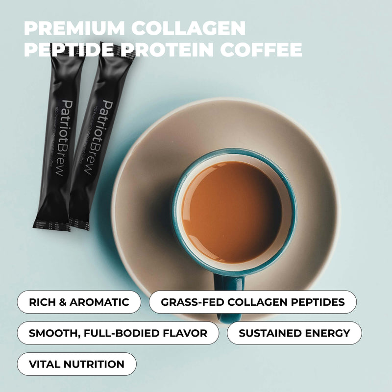Cup of coffee with a Patriot Brew collagen peptide protein package