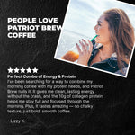 Advertisement for Patriot Brew Coffee with a woman drinking coffee and customer review text.