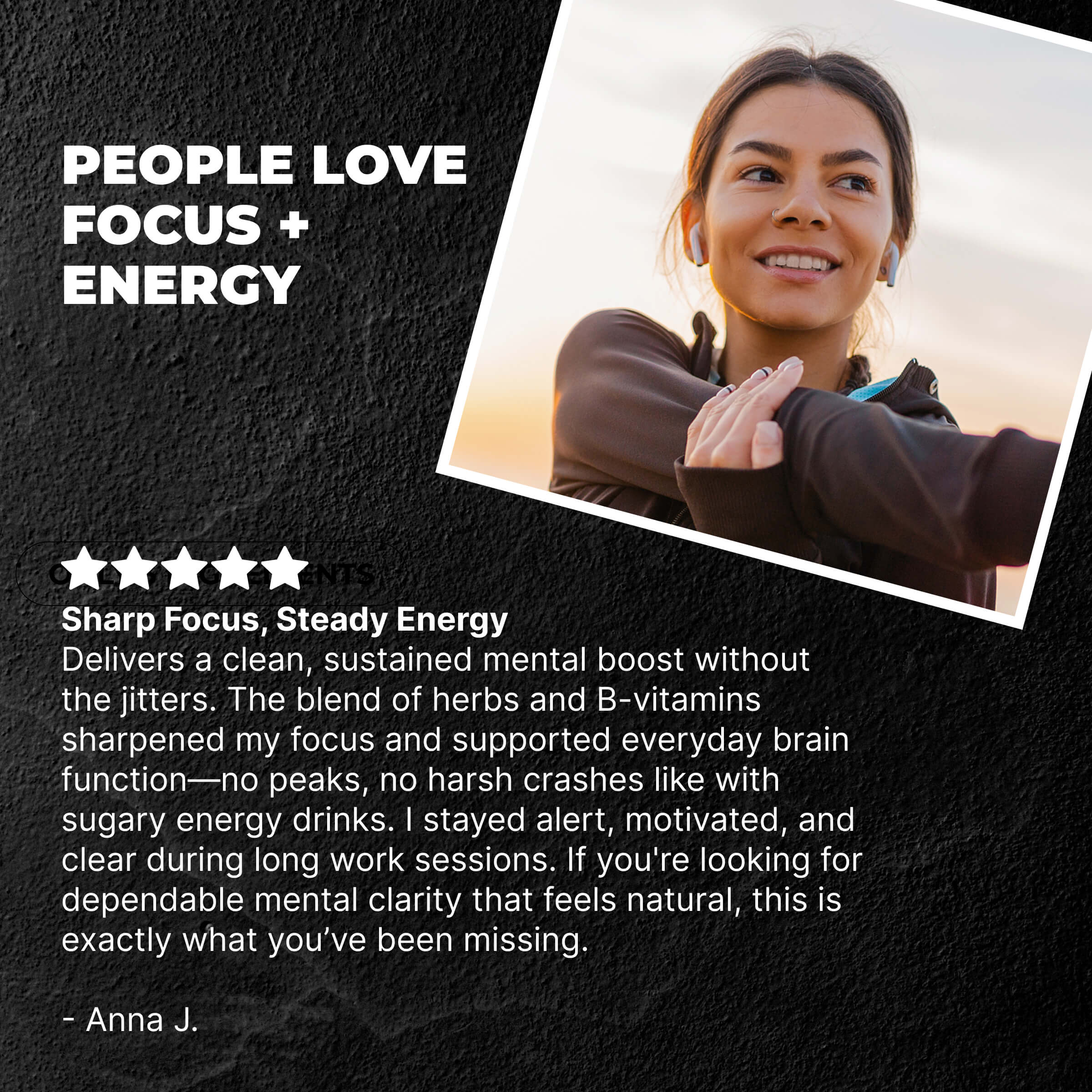 a woman and text about focus and energy boosters.