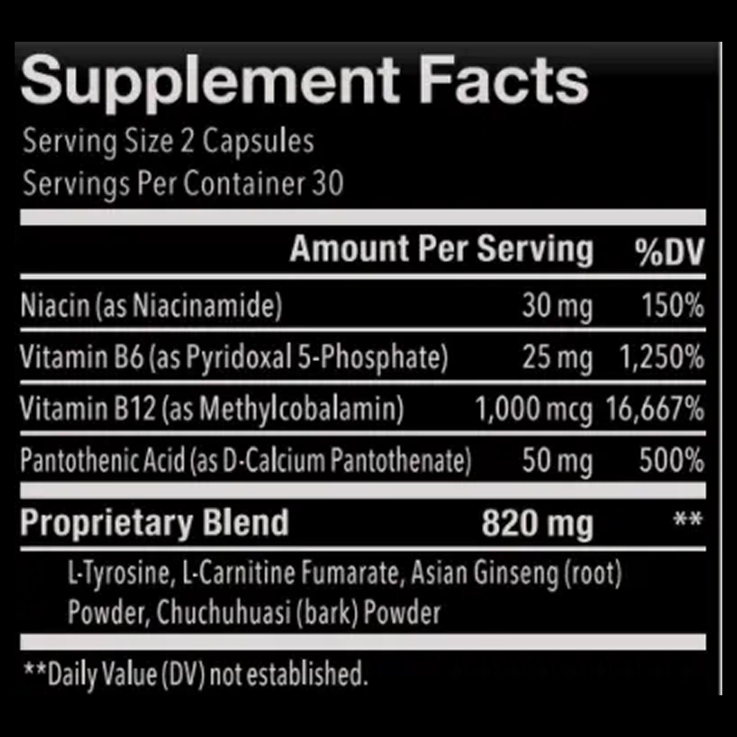 Supplement facts label with detailed nutritional information on a black background