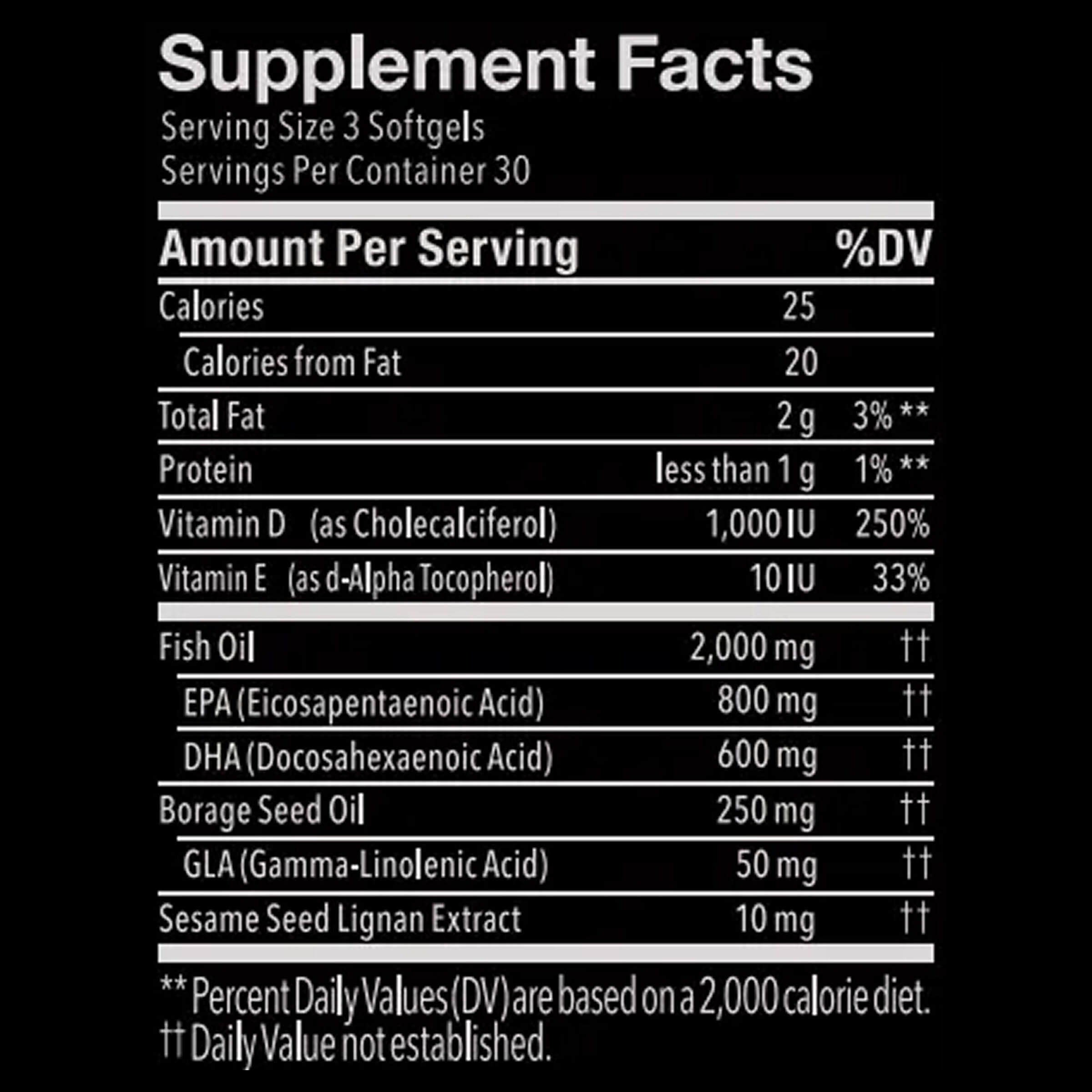 Supplement facts label with detailed nutritional information