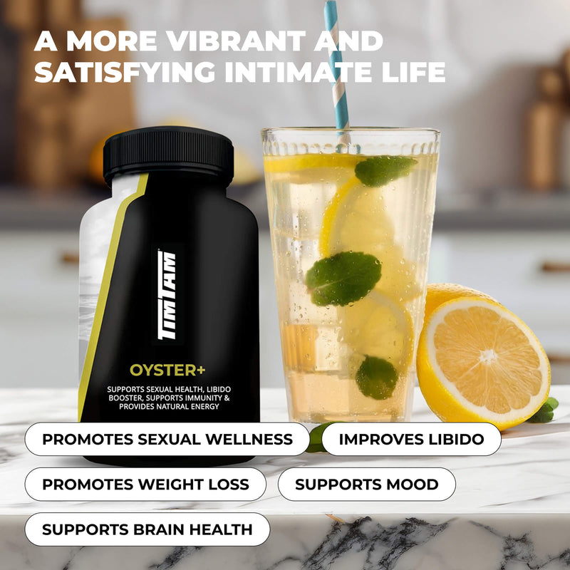 Tim LaHaye Oyster+ supplement bottle with a glass of lemon water on a marble surface.