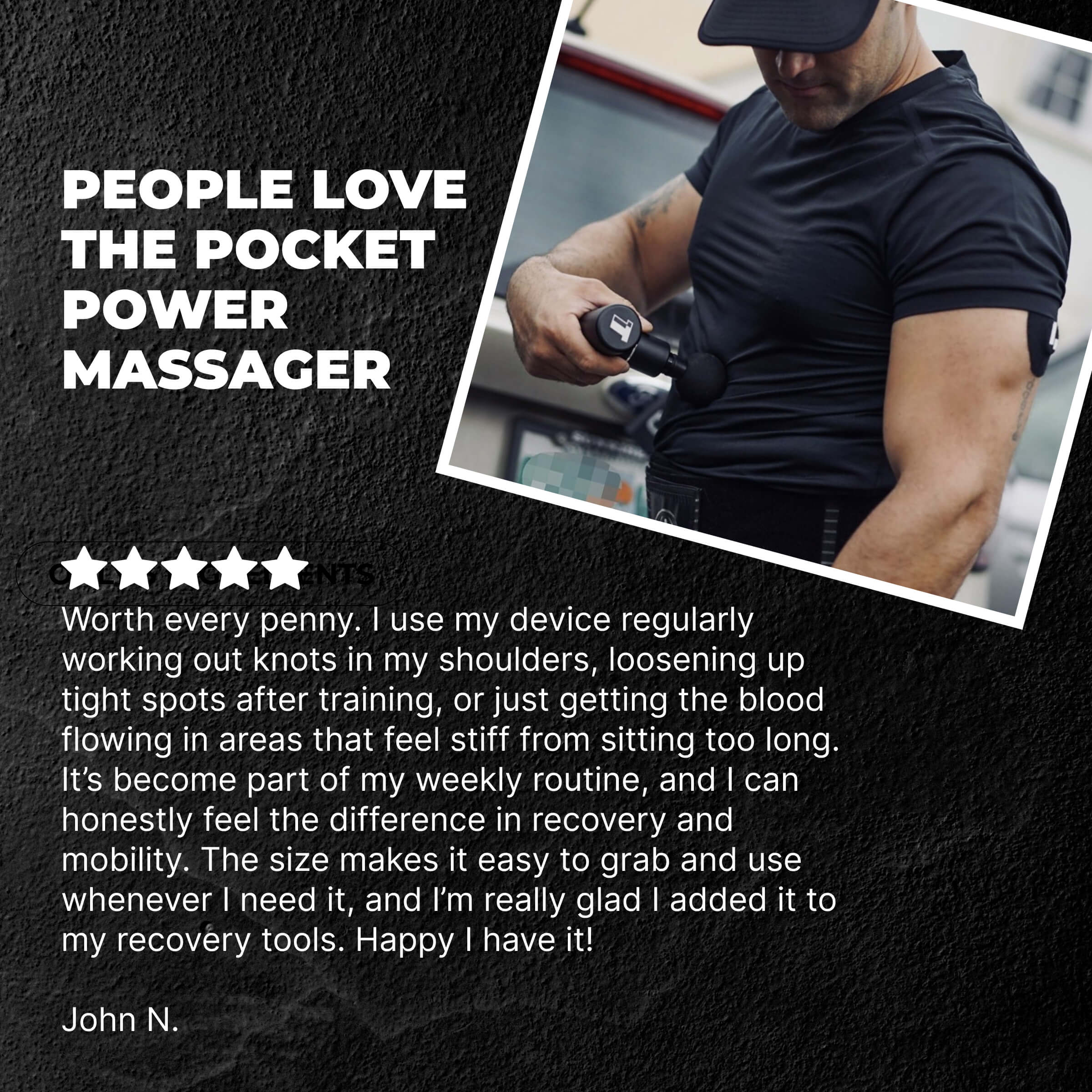 Person using a pocket power massager with text about its benefits on a dark background