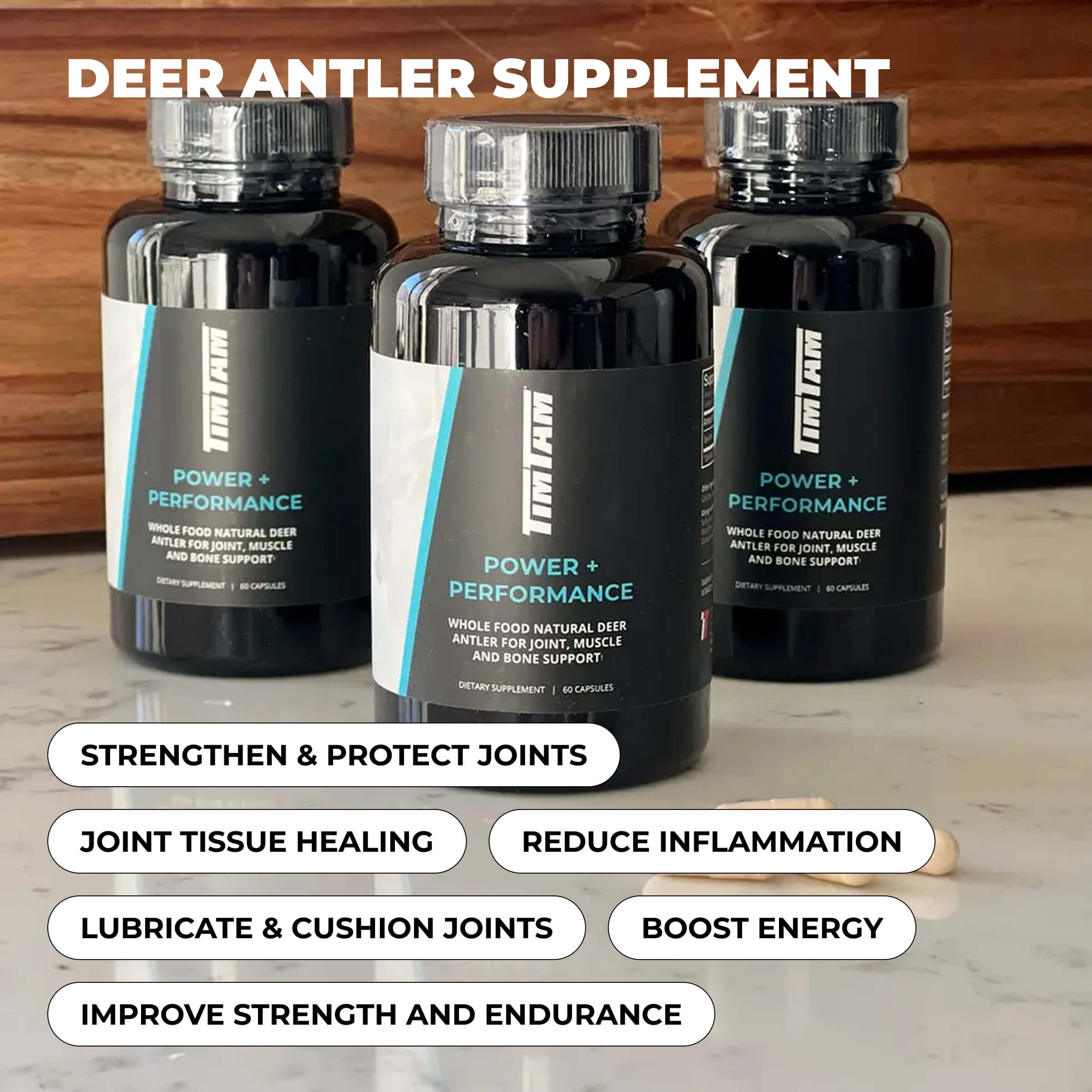 Three bottles of Torn厉夫 Deer Antler Supplement on a wooden surface with text highlighting benefits.