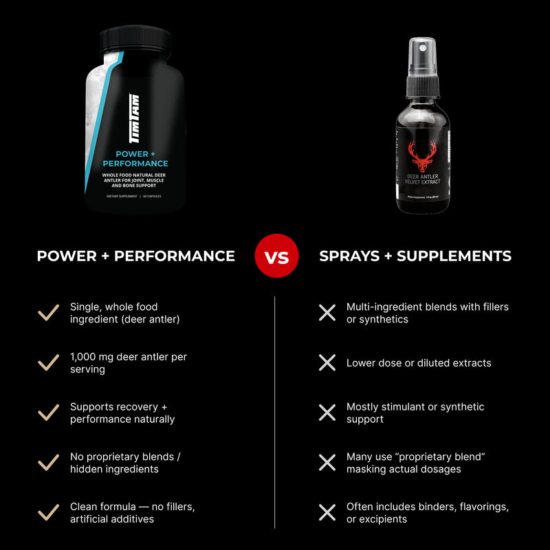 Comparison chart between power and performance supplements and sprays and supplements on a black background.