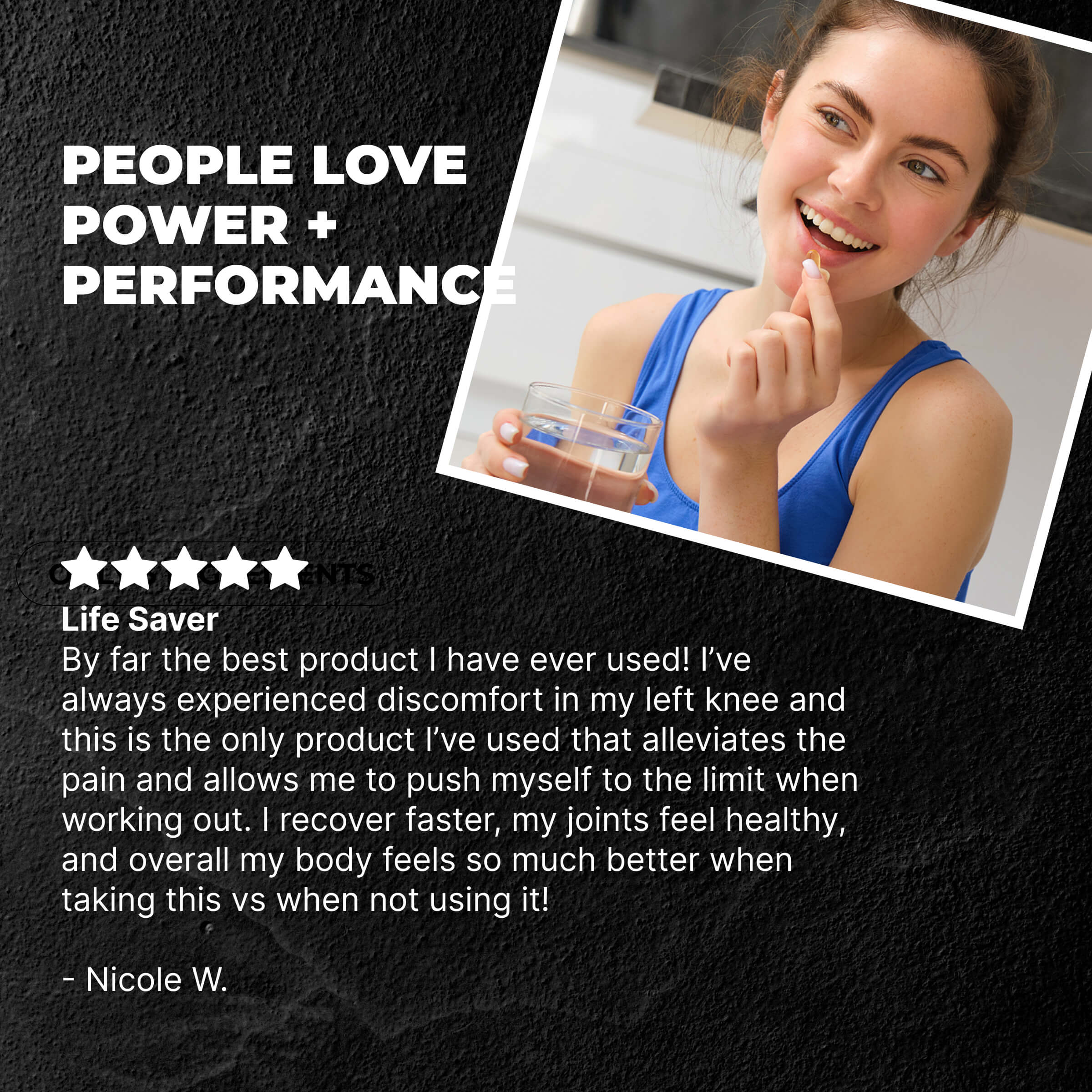 Woman holding a container with text about product benefits and customer review on a black background