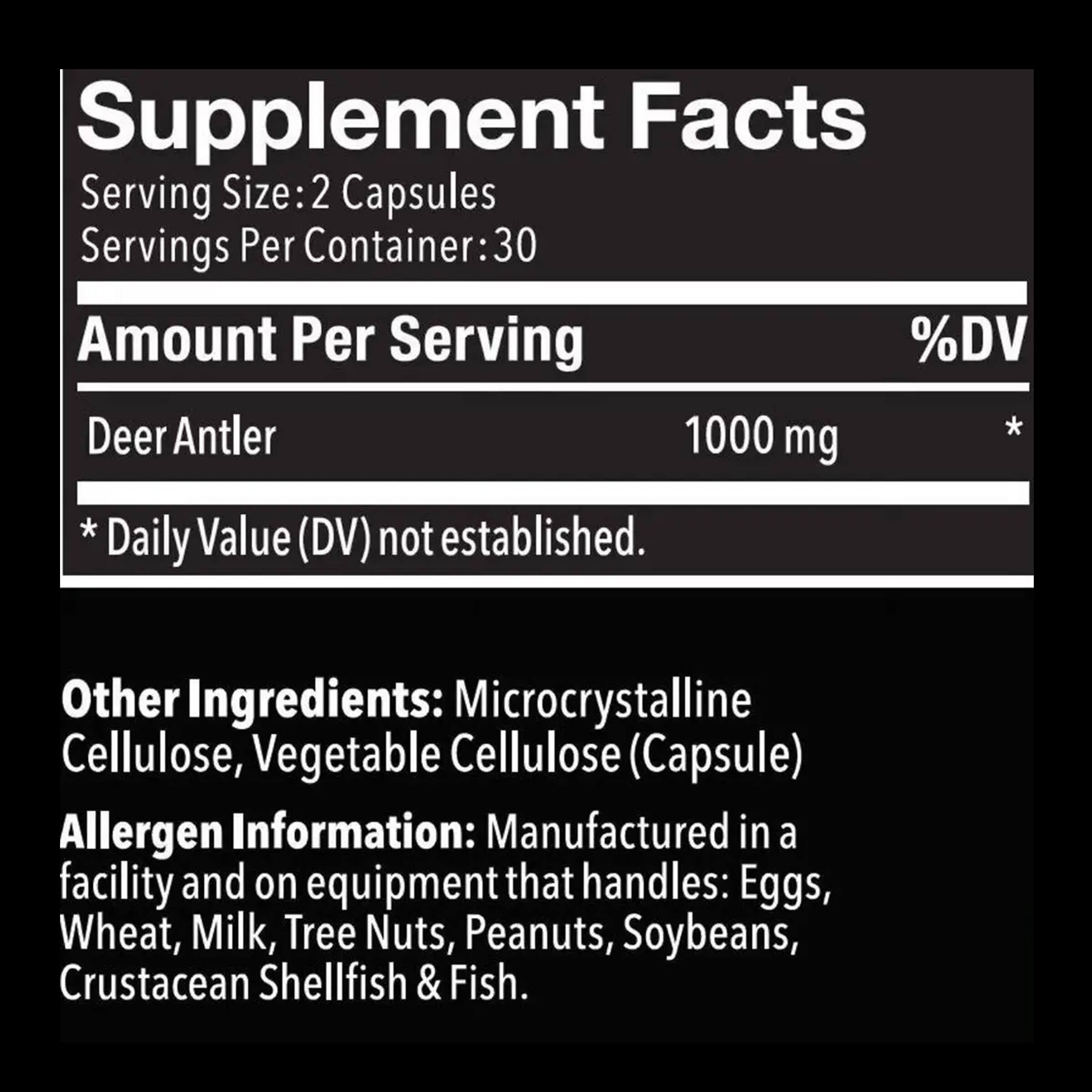 Supplement facts label with deer antler content on a black background