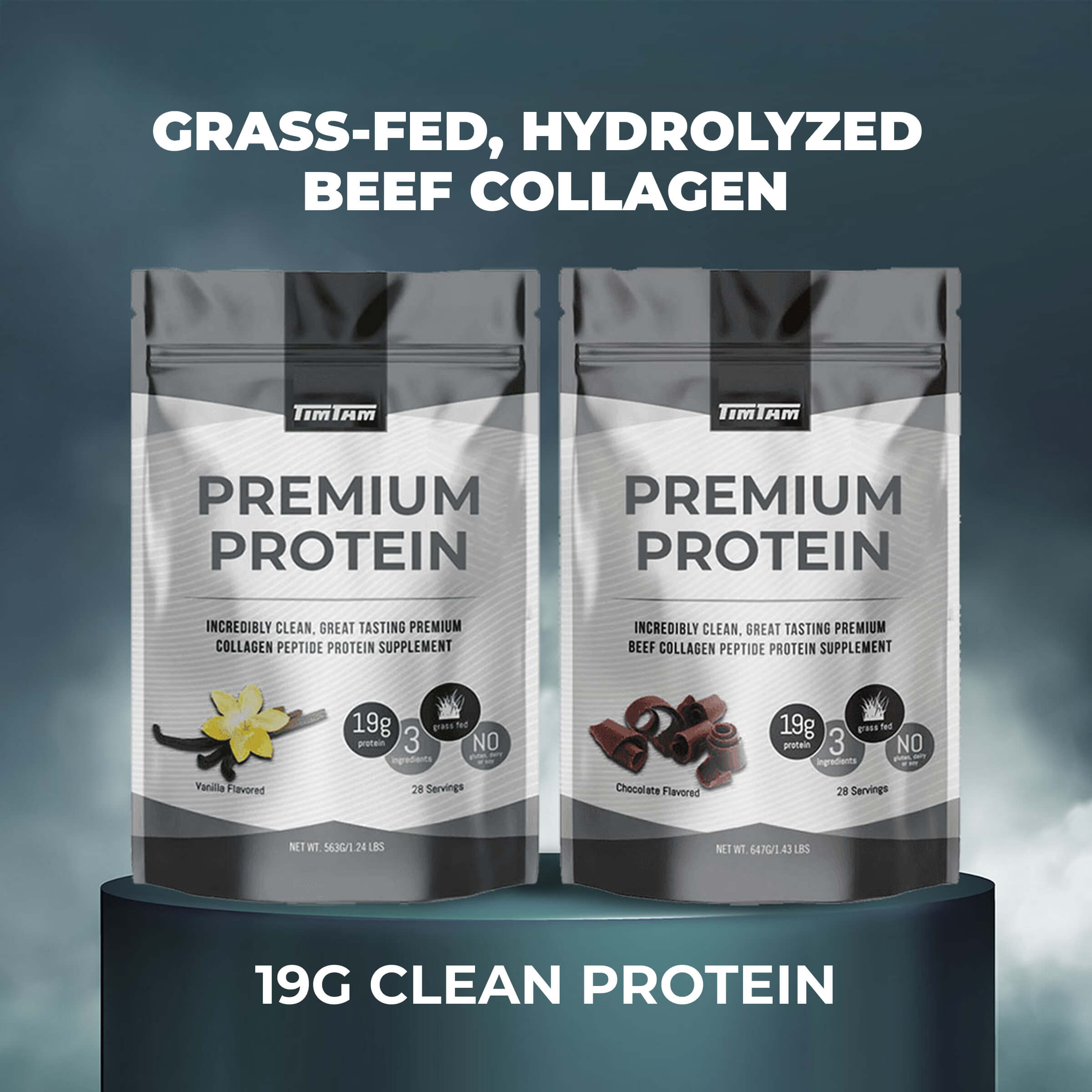 Two packages of premium protein with grass-fed, hydrolyzed beef collagen on a dark background.