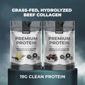 Two packages of premium protein with grass-fed, hydrolyzed beef collagen on a dark background.