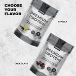 Two packages of Premium Protein with vanilla and chocolate flavors on a light gray background.