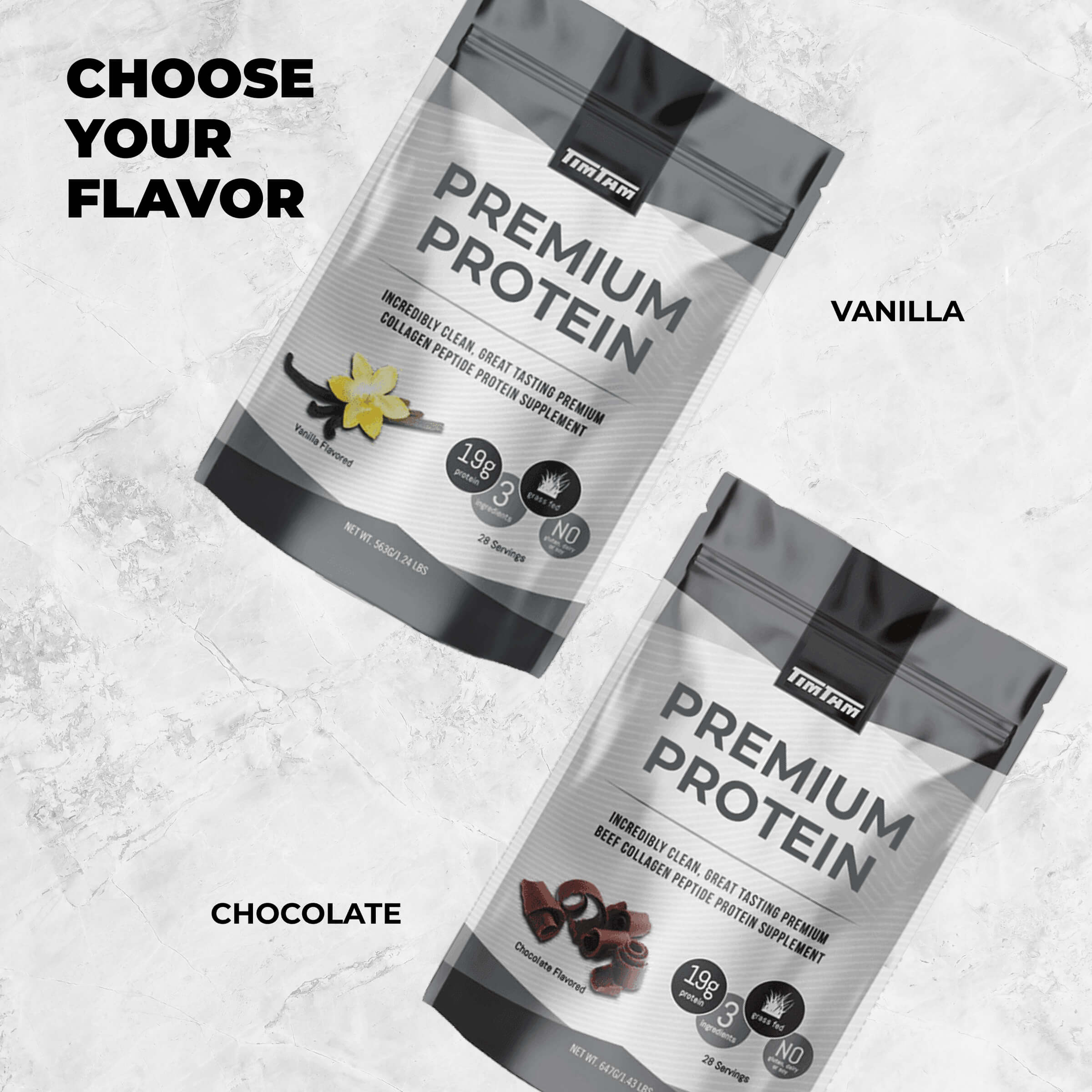 Two packages of Premium Protein with vanilla and chocolate flavors on a light gray background.
