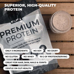Protein powder package with text highlighting features on a wooden surface