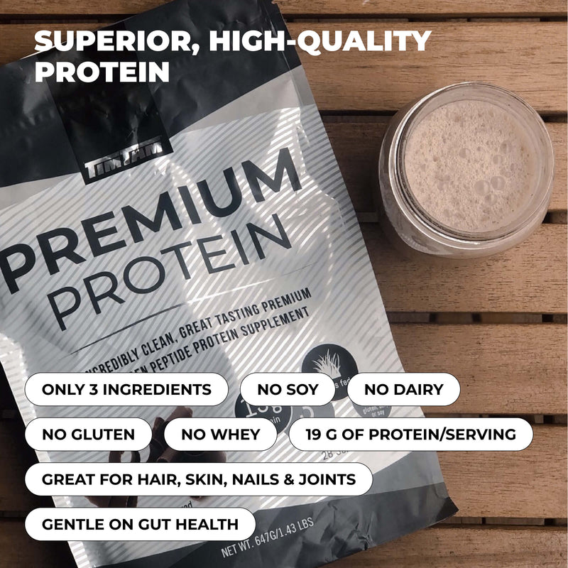 Protein powder package with text highlighting features on a wooden surface