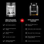 Comparison chart between beef collagen peptide protein and whey or casein protein on a black background.