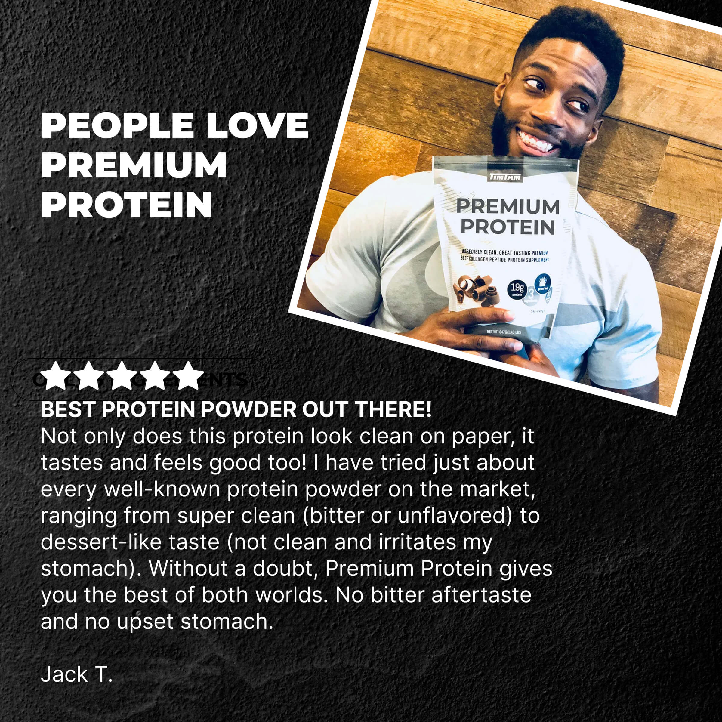 Person holding a protein powder container with text about its quality and taste.