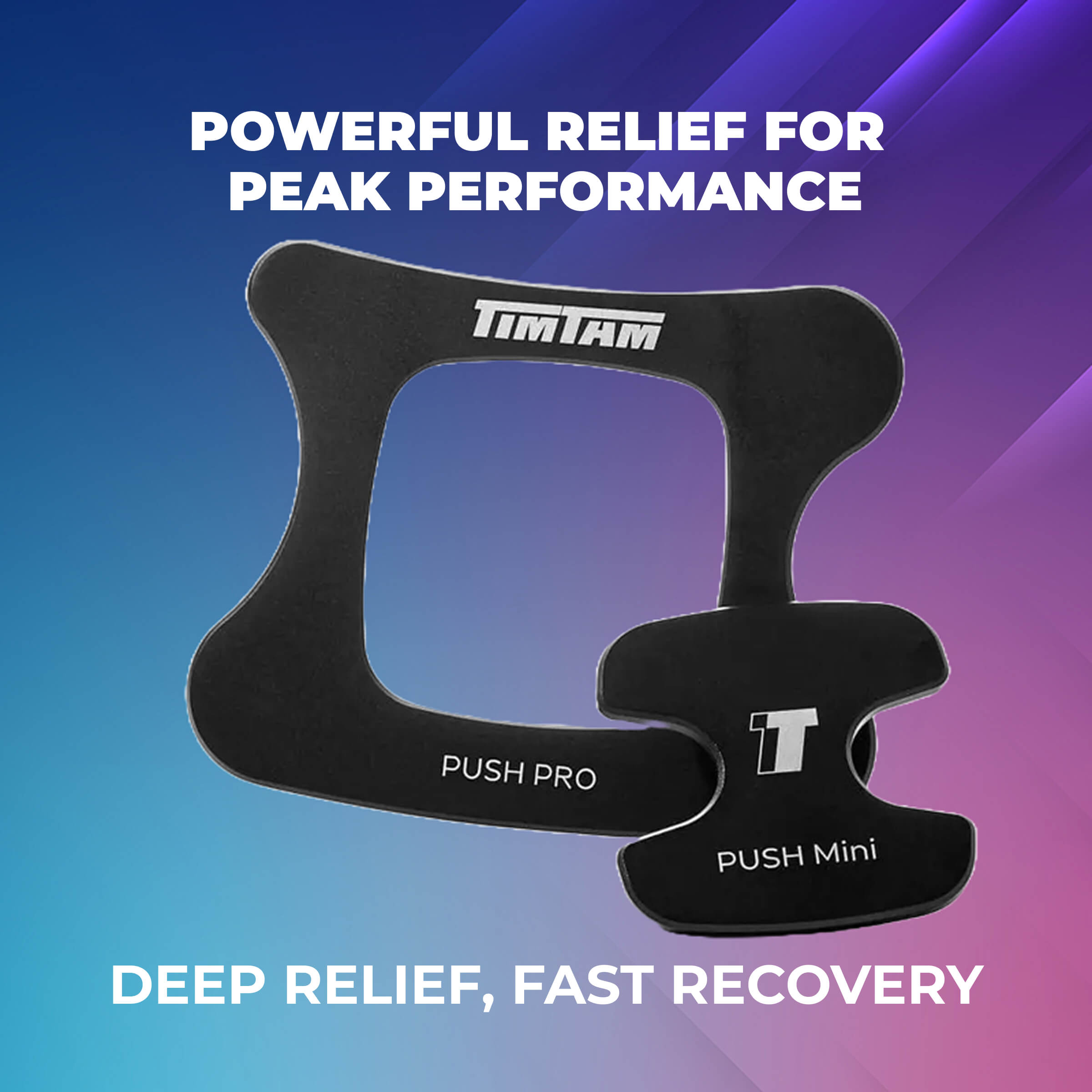 Black 'TimTam' push devices on a gradient blue and purple background with promotional text.