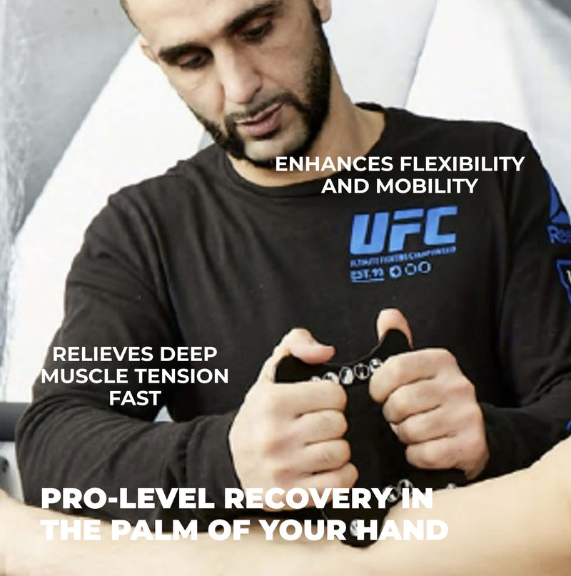 Man using a recovery device with UFC branding, text about product benefits.