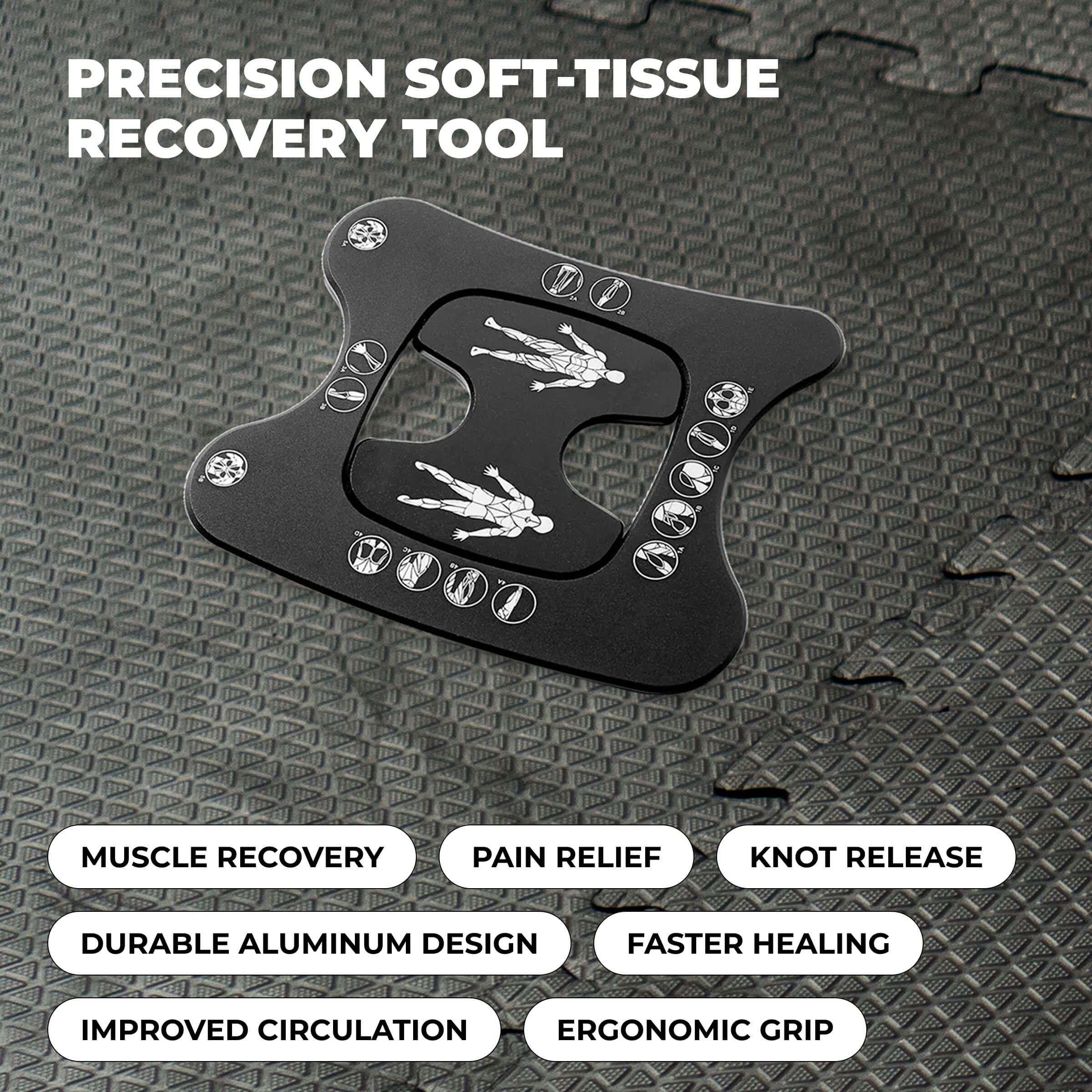 Precision soft-tissue recovery tool on a textured gray background with feature text.
